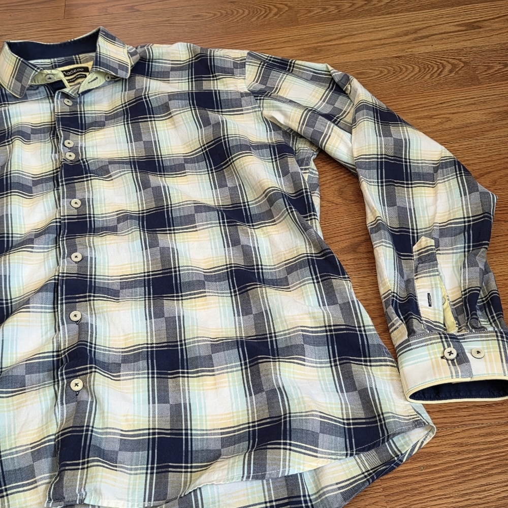 Maceoo Long Sleeve Button Down Shirt Mens L Yellow Italian Plaid Geometric Print - Picture 3 of 14